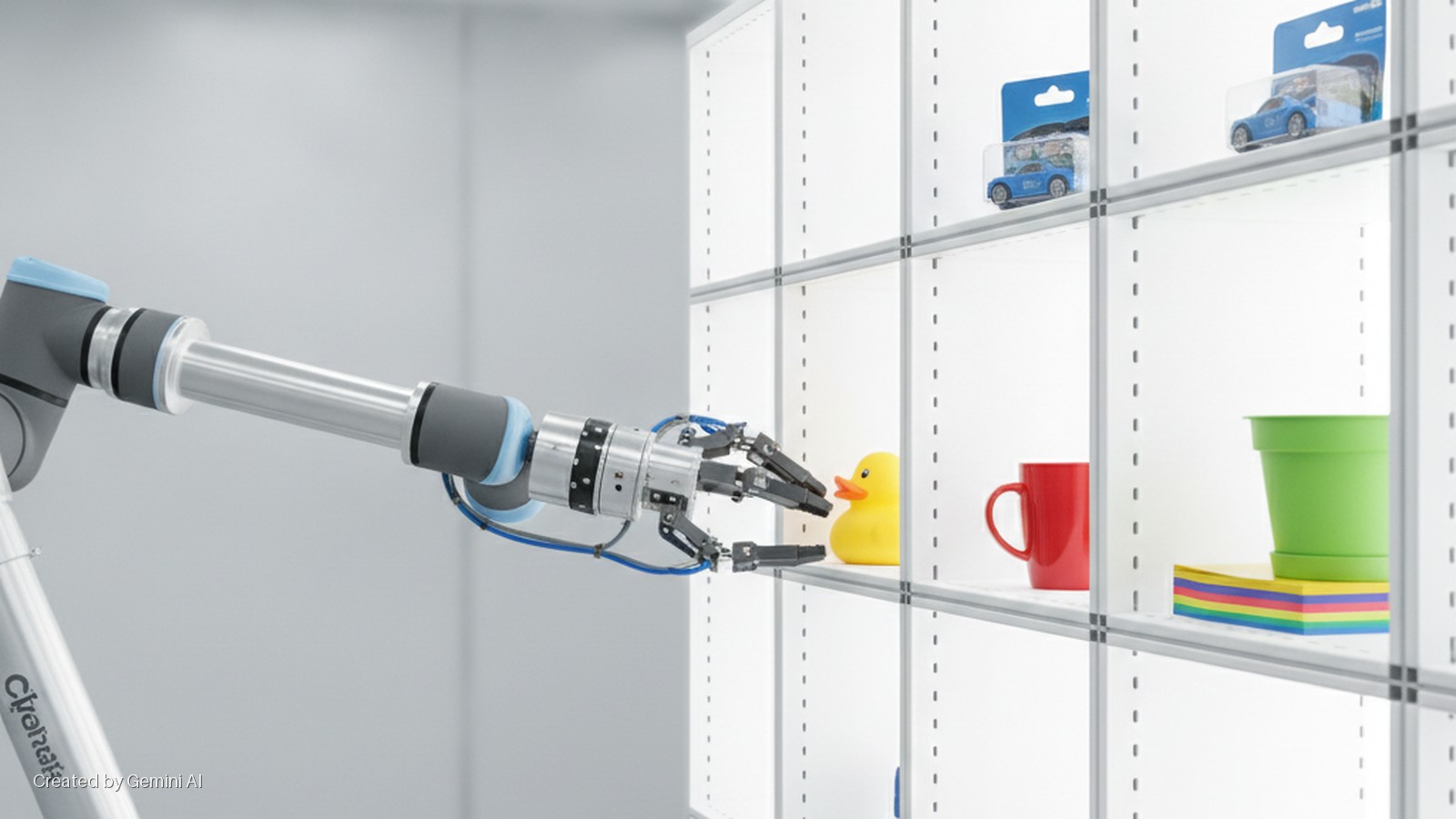 A robotic arm extends a gripper towards a yellow rubber duck on a brightly lit white modular shelving unit also displaying a red mug, a green pot, colorful sticky notes, and two packaged blue toy cars.