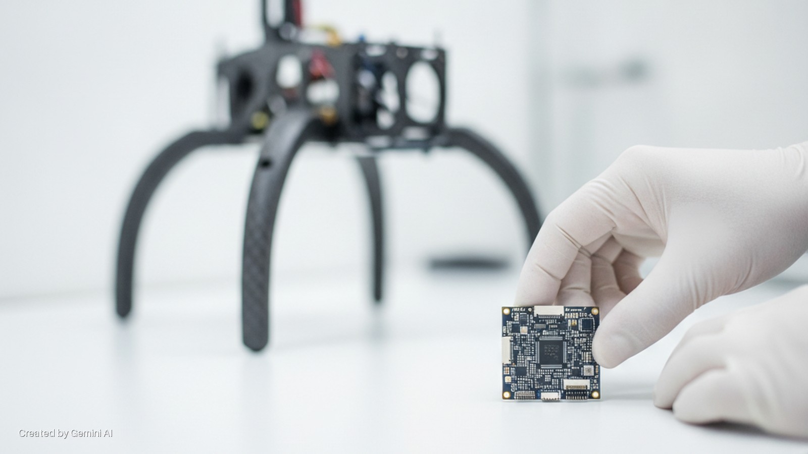 A white-gloved hand holds a small dark blue circuit board on a brightly lit white surface, with a blurred black robotic frame in the background.