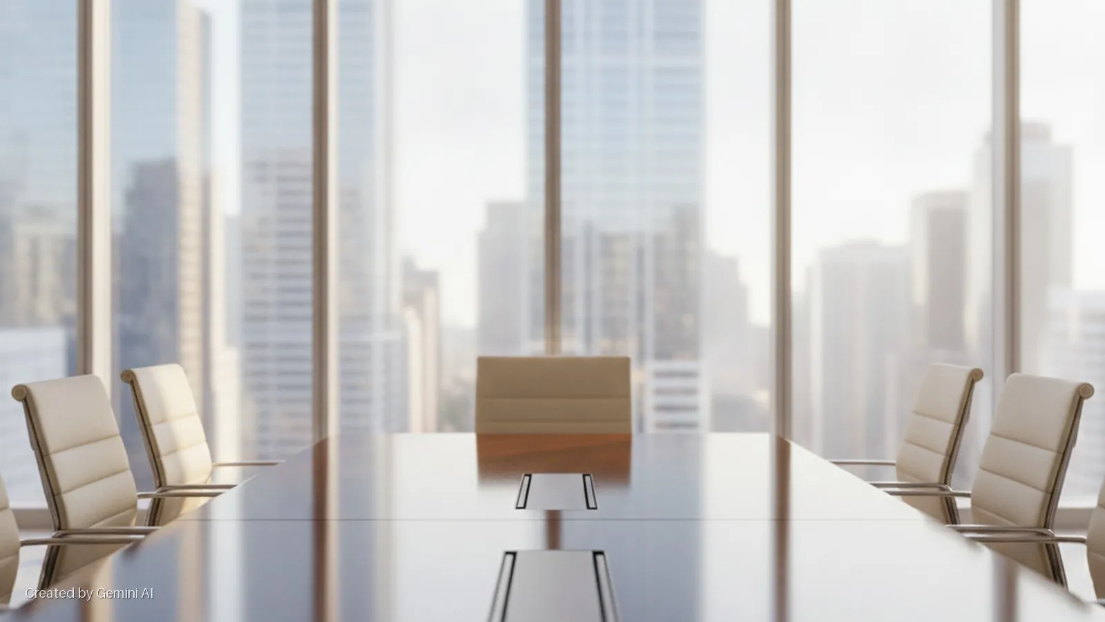 A bright, modern conference room features a polished table with cream chairs, overlooking a blurred city skyline through large windows.