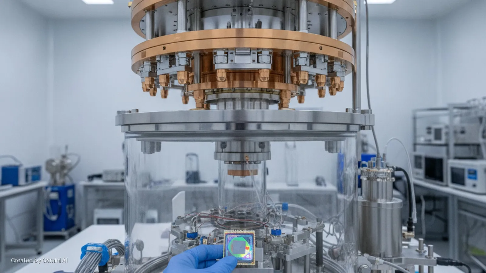 A gloved hand holds a square, iridescent quantum chip in front of a multi-tiered cryostat or vacuum chamber, set within a brightly lit cleanroom laboratory.