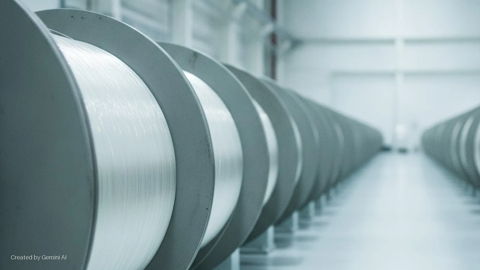 Rows of gray industrial spools wound with white filament line a brightly lit, clean manufacturing facility.