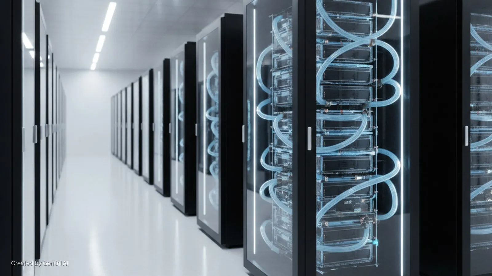 A long aisle of server racks in a brightly lit data center, with several racks on the right featuring transparent doors revealing liquid-cooled computing units with blue tubes and vertical white accent lighting.