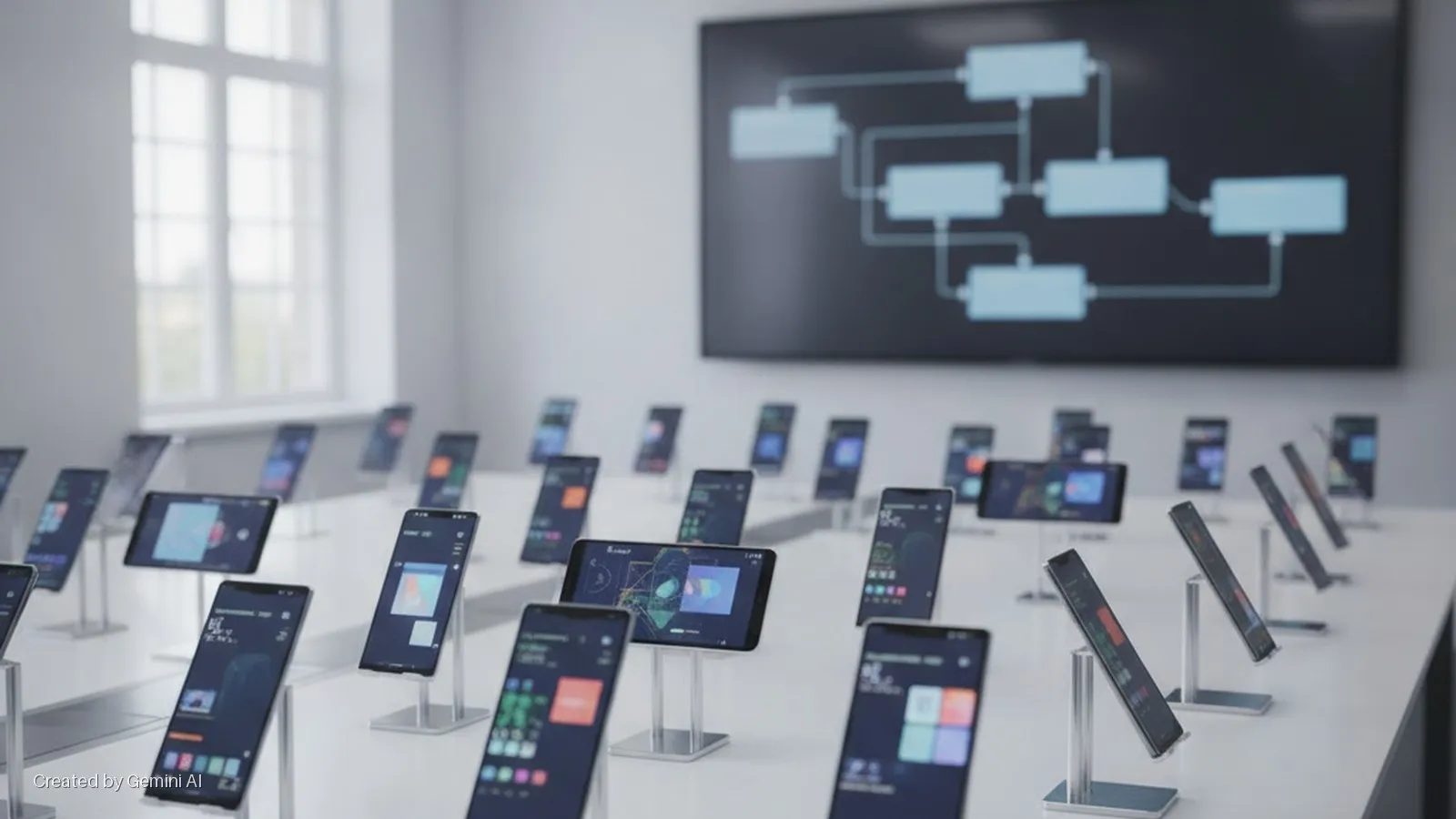 A bright, modern room features many smartphones displayed on stands on a white table, a large screen with a blue flowchart in the background, and a window to the left.
