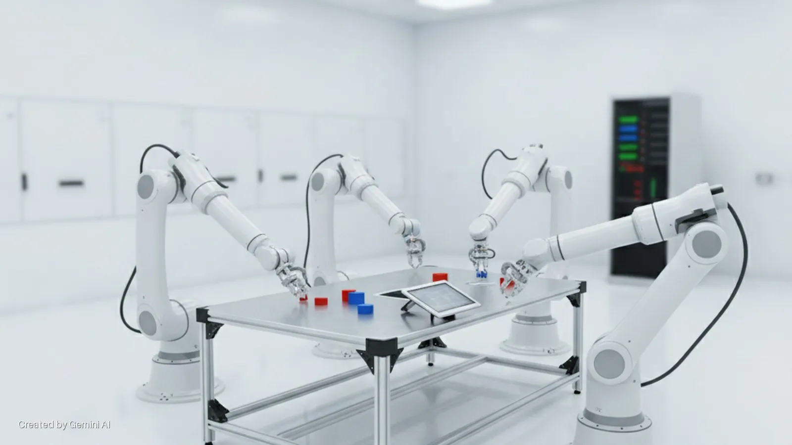 Five white robotic arms interact with red and blue blocks and a tablet on a silver table in a brightly lit, clean white room with wall cabinets and a server rack.