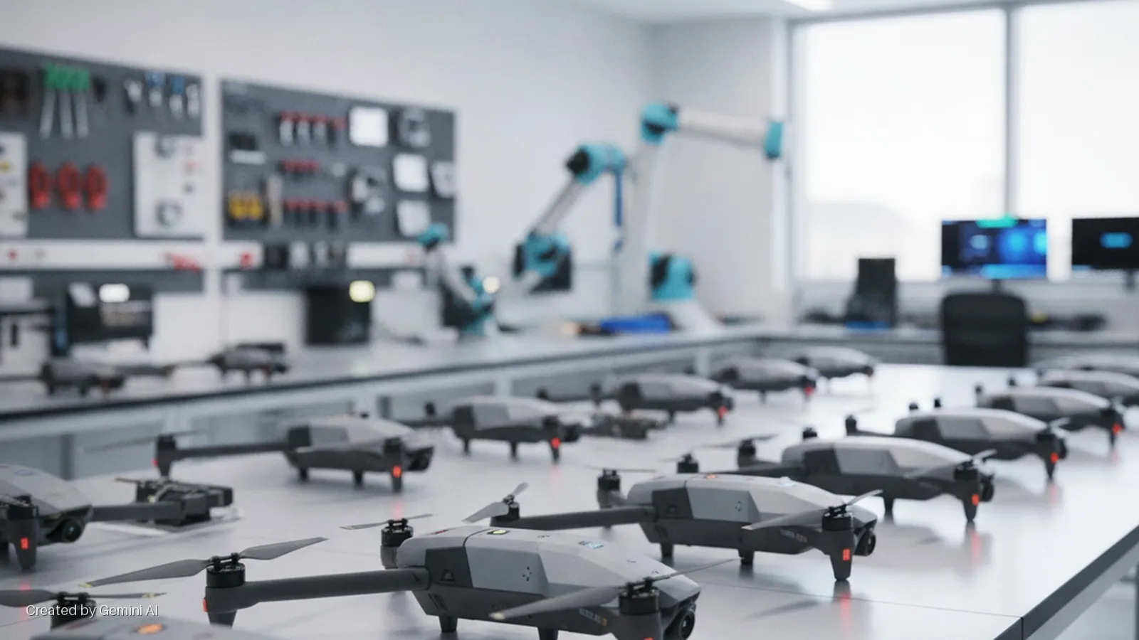 Multiple grey drones with red lights are arranged on tables in a brightly lit modern laboratory, with blue robotic arms, tools on pegboards, and computer monitors in the background.