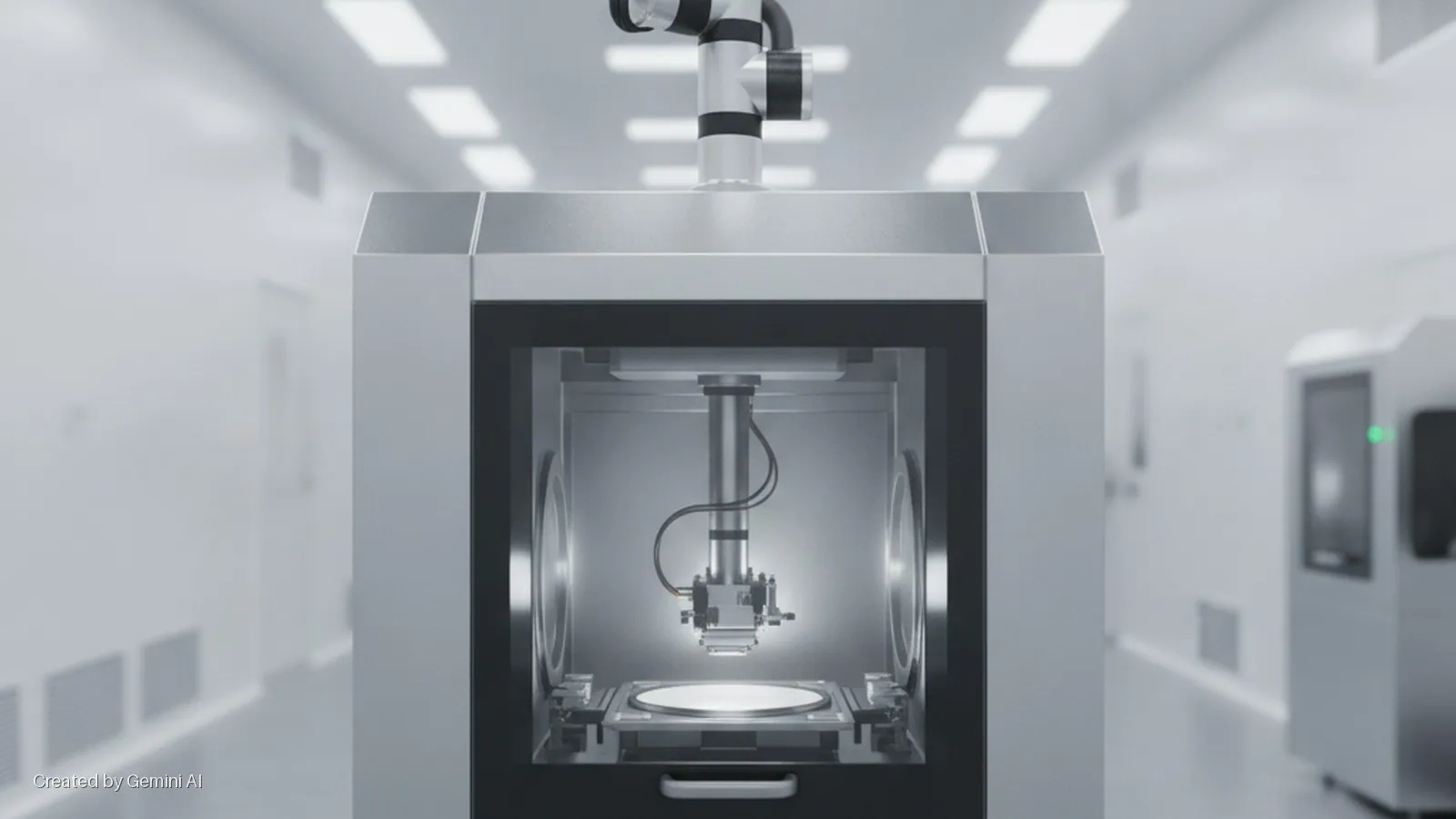 A robotic arm operates within a brightly lit semiconductor processing machine, illuminating a wafer on a stage in a cleanroom.