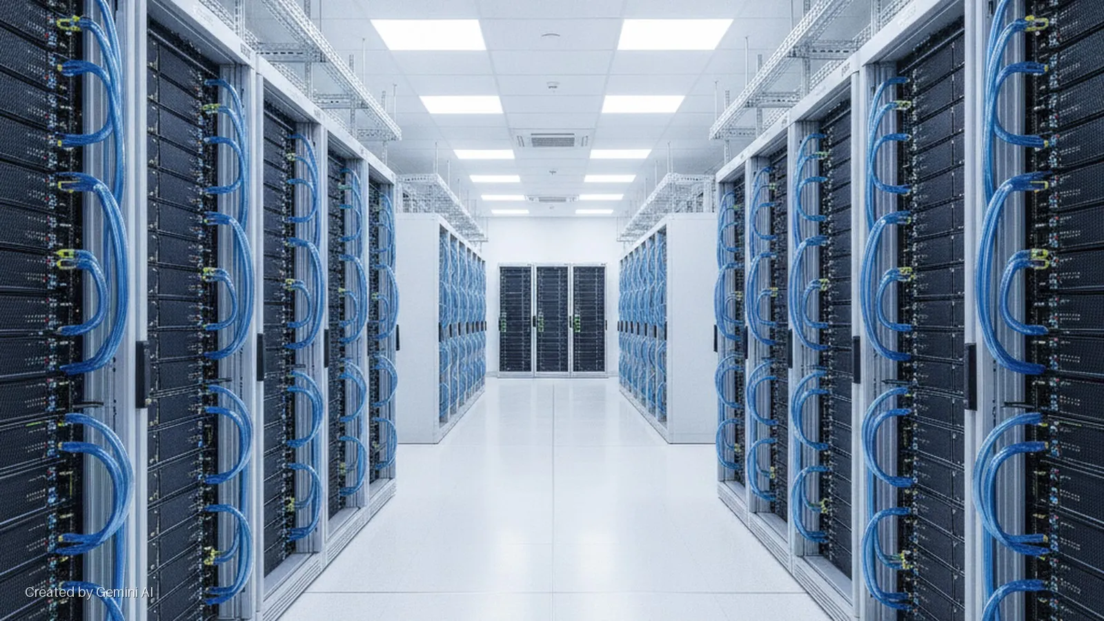 A brightly lit data center aisle is lined with rows of server racks featuring prominent blue network cables, leading to closed server cabinets at the far end.