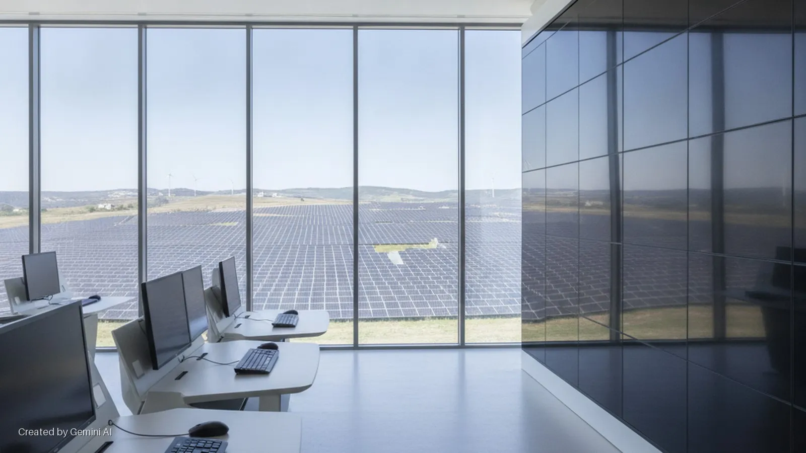 An office with multiple computer workstations facing large windows that overlook a sunny solar panel field and distant wind turbines.