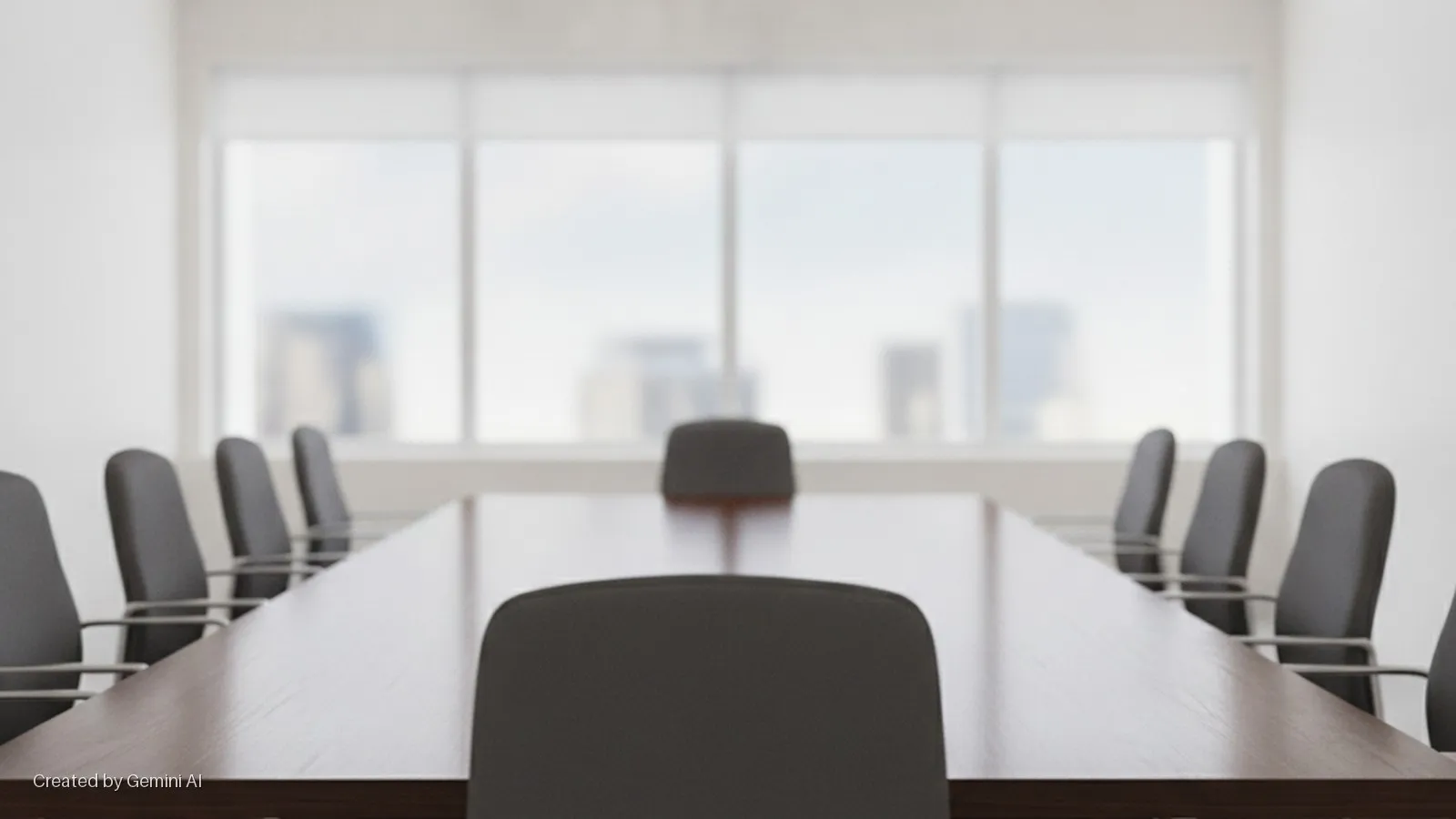 A modern conference room features a long wooden table surrounded by dark grey office chairs, brightly lit by a large window overlooking a blurred city skyline.