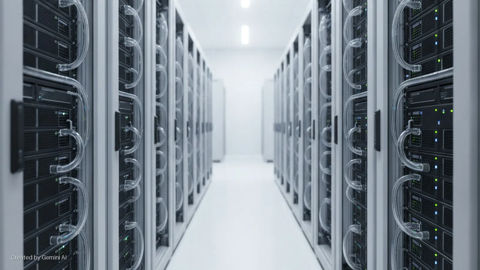 A bright data center aisle lined with tall server racks containing black servers with glowing green and blue indicator lights and clear liquid cooling tubes.