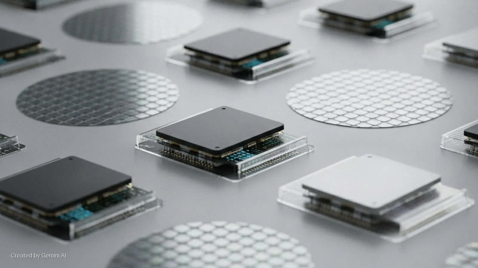 Processor modules with black and silver tops rest on clear bases on a clean gray surface, interspersed with circular patterned semiconductor wafers, under bright, even lighting.