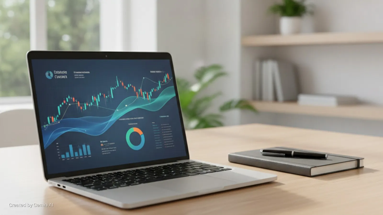 A silver laptop displaying financial charts and data visualizations rests on a light wooden desk, with a notebook and pen beside it, in a brightly lit modern office with shelves and a plant in the background.