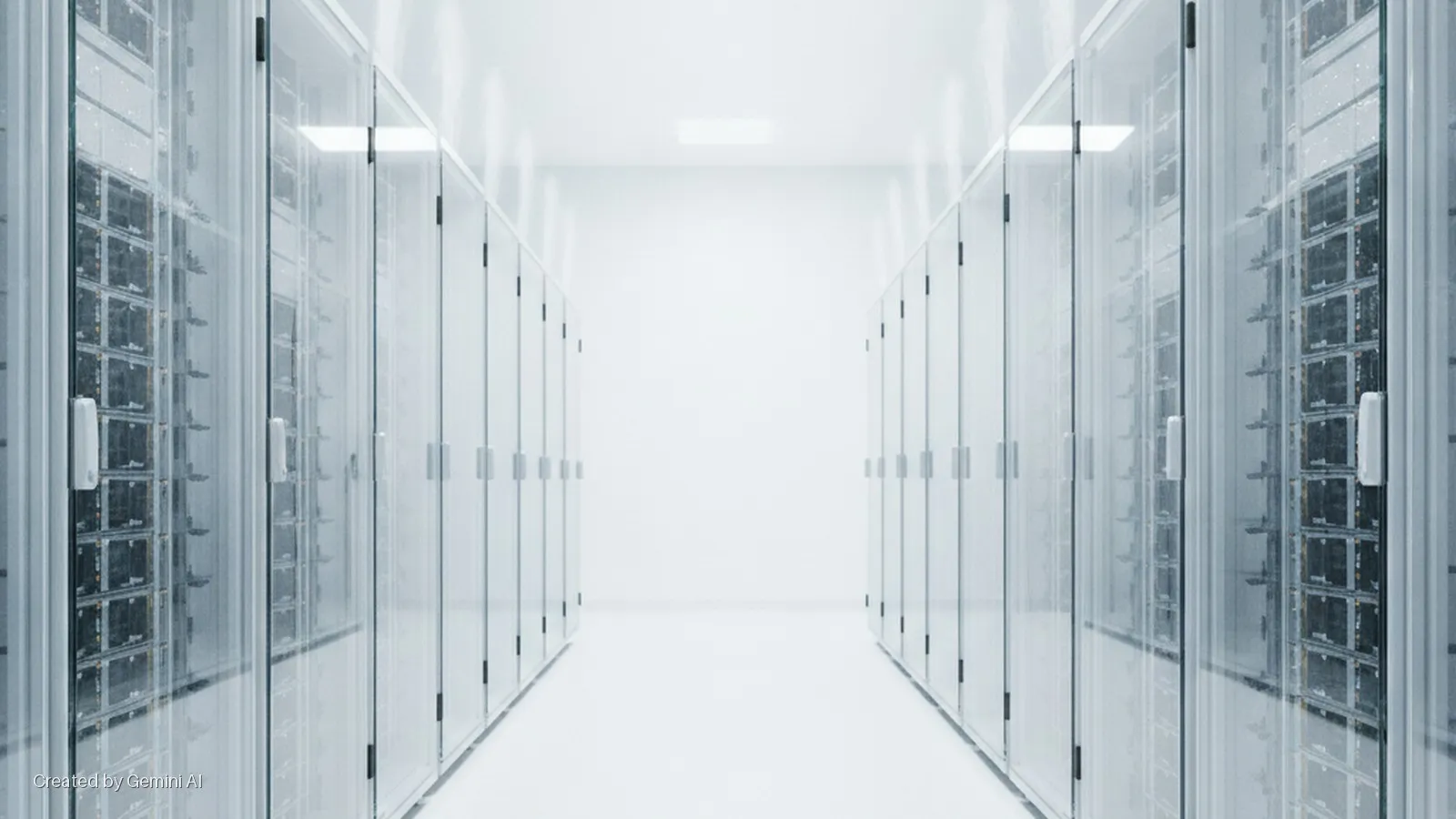 A brightly lit, clean data center aisle is lined with two symmetrical rows of white server racks visible behind transparent glass doors.