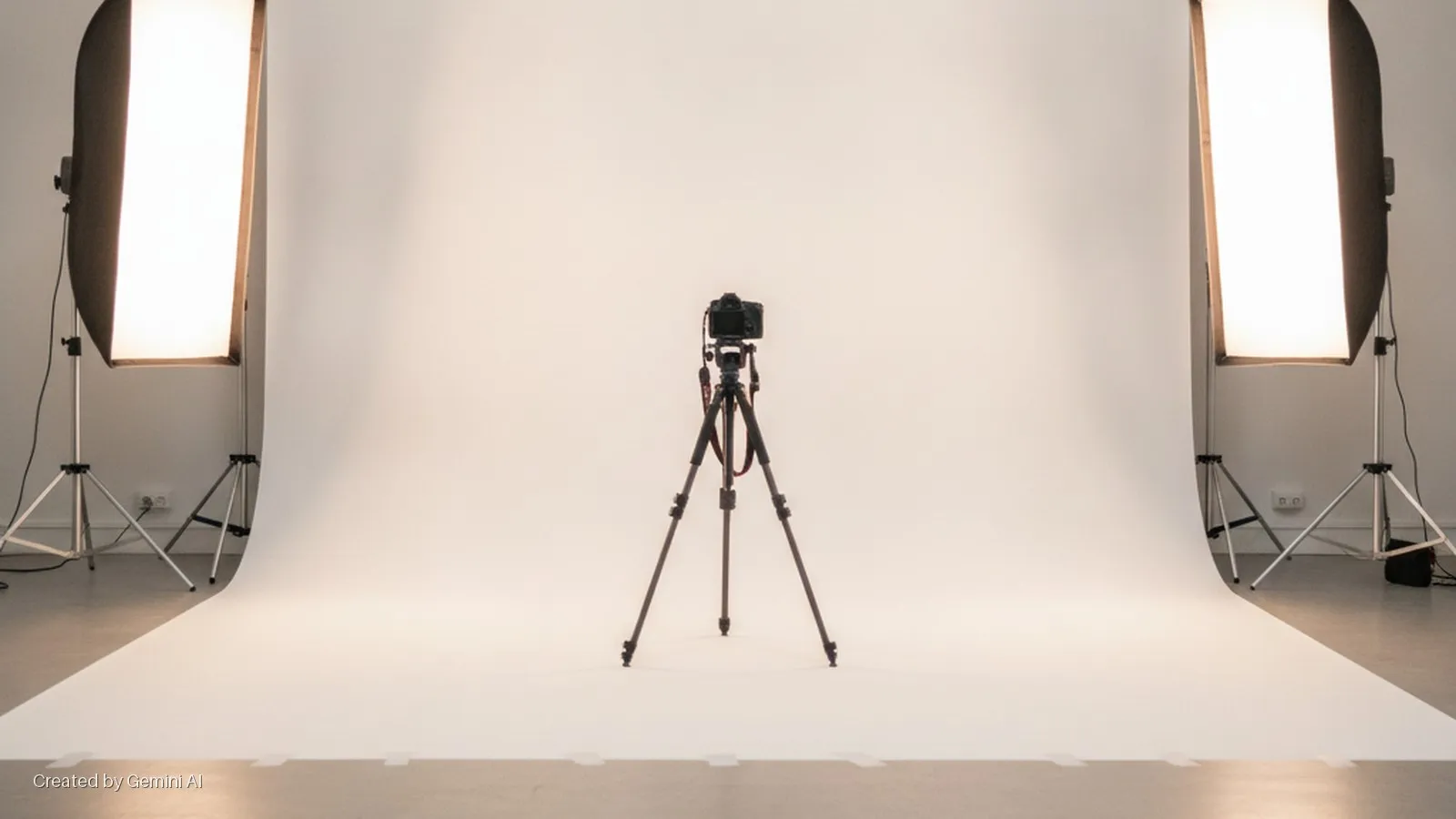 A photography studio features a black camera on a tripod centered on a white seamless backdrop, brightly lit by two rectangular softbox lights flanking it.