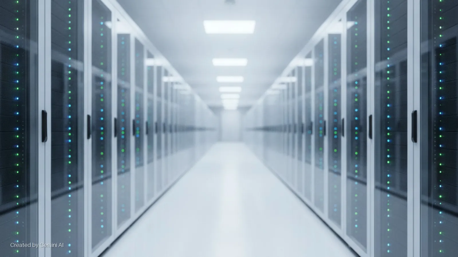 A long, brightly lit data center aisle features rows of server racks with active green and blue indicator lights extending into the distance.