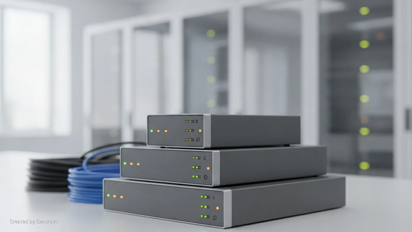 Three stacked grey networking devices with active green and orange indicator lights sit on a white surface next to coiled black and blue cables in a bright server room with blurred server racks and a window.