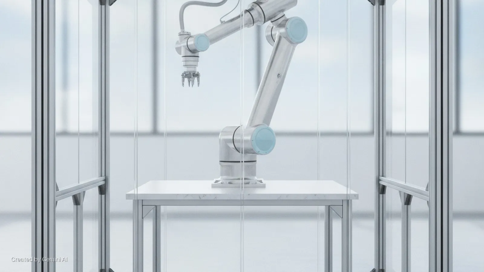 A silver industrial robotic arm with light blue accents is mounted on a white table within a transparent glass and aluminum enclosure in a brightly lit, clean indoor setting.