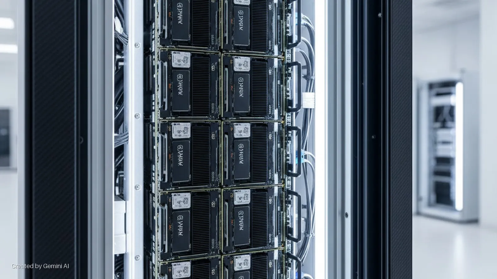A close-up of an open server rack in a brightly lit data center, displaying multiple stacked black server units with cooling fins and cables, with another rack blurred in the background.