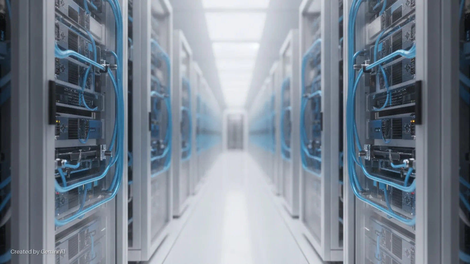 Rows of server racks with blue cables and illuminated indicators line a brightly lit data center aisle, extending into a blurred background.