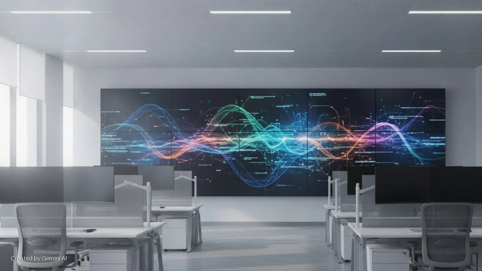 A modern open-plan office features rows of desks with chairs and monitors, brightly lit by overhead linear fixtures, facing a large video wall displaying a colorful, abstract data visualization.