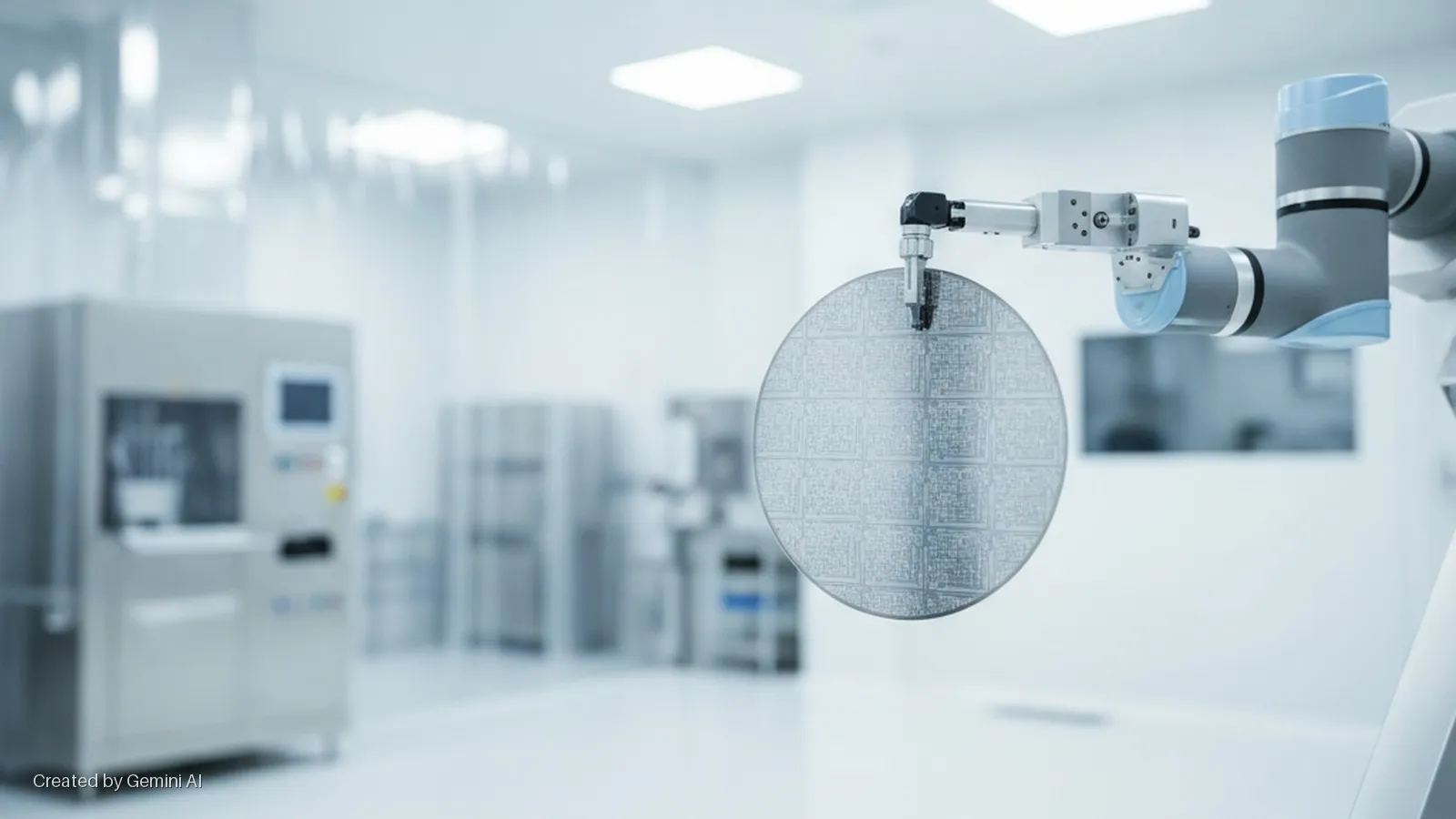 A robotic arm precisely holds a patterned silicon wafer in a brightly lit cleanroom with blurred industrial machinery in the background.