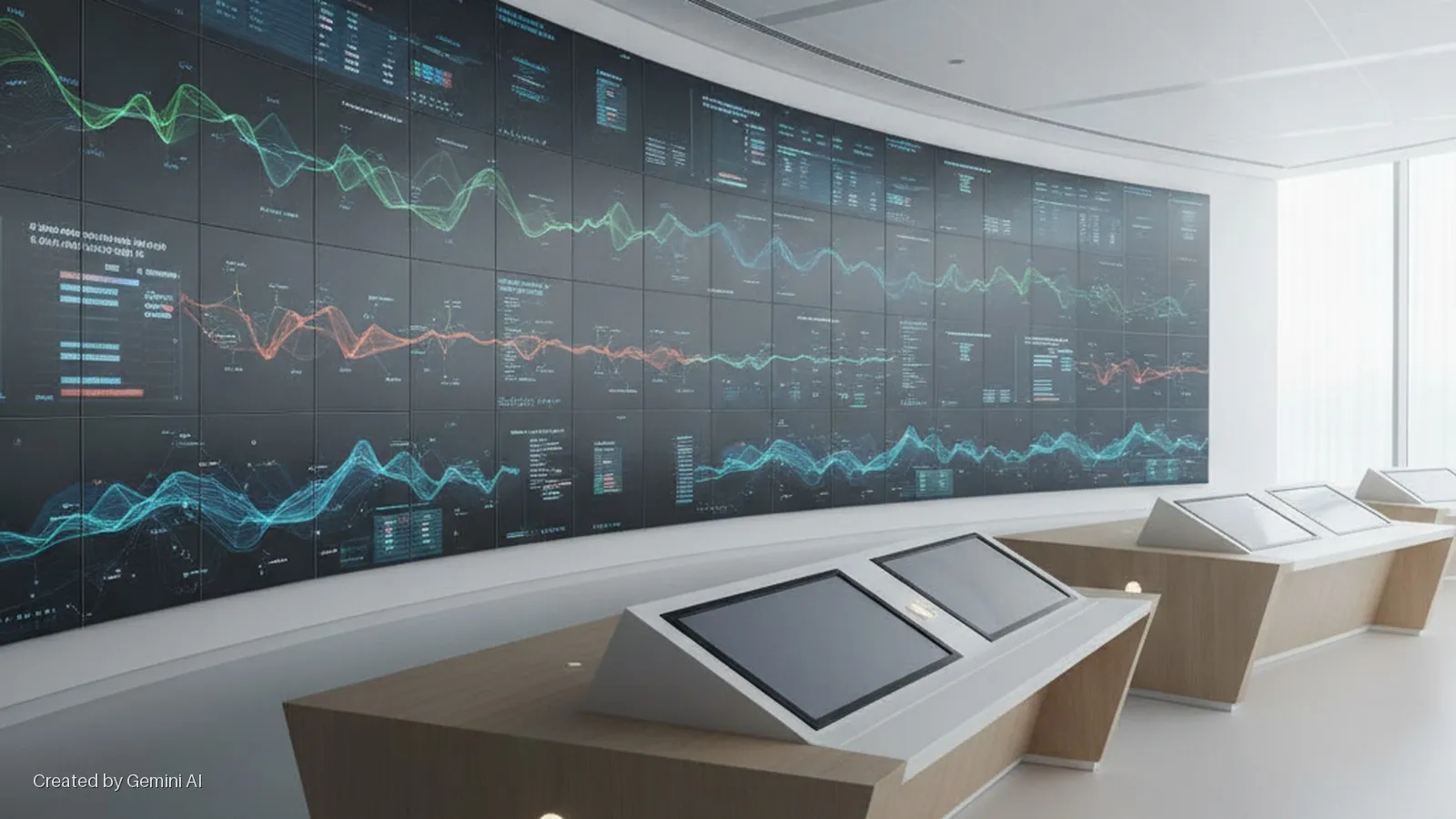 A brightly lit high-tech control room features a large, curved video wall displaying various data visualizations, with a row of wooden desks incorporating built-in touchscreen monitors in the foreground.