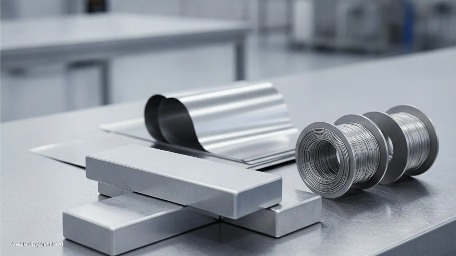 Stacked rectangular metal bars, rolled and flat metal sheets, and three spools of metal wire are displayed on a brushed stainless steel table in a brightly lit room.