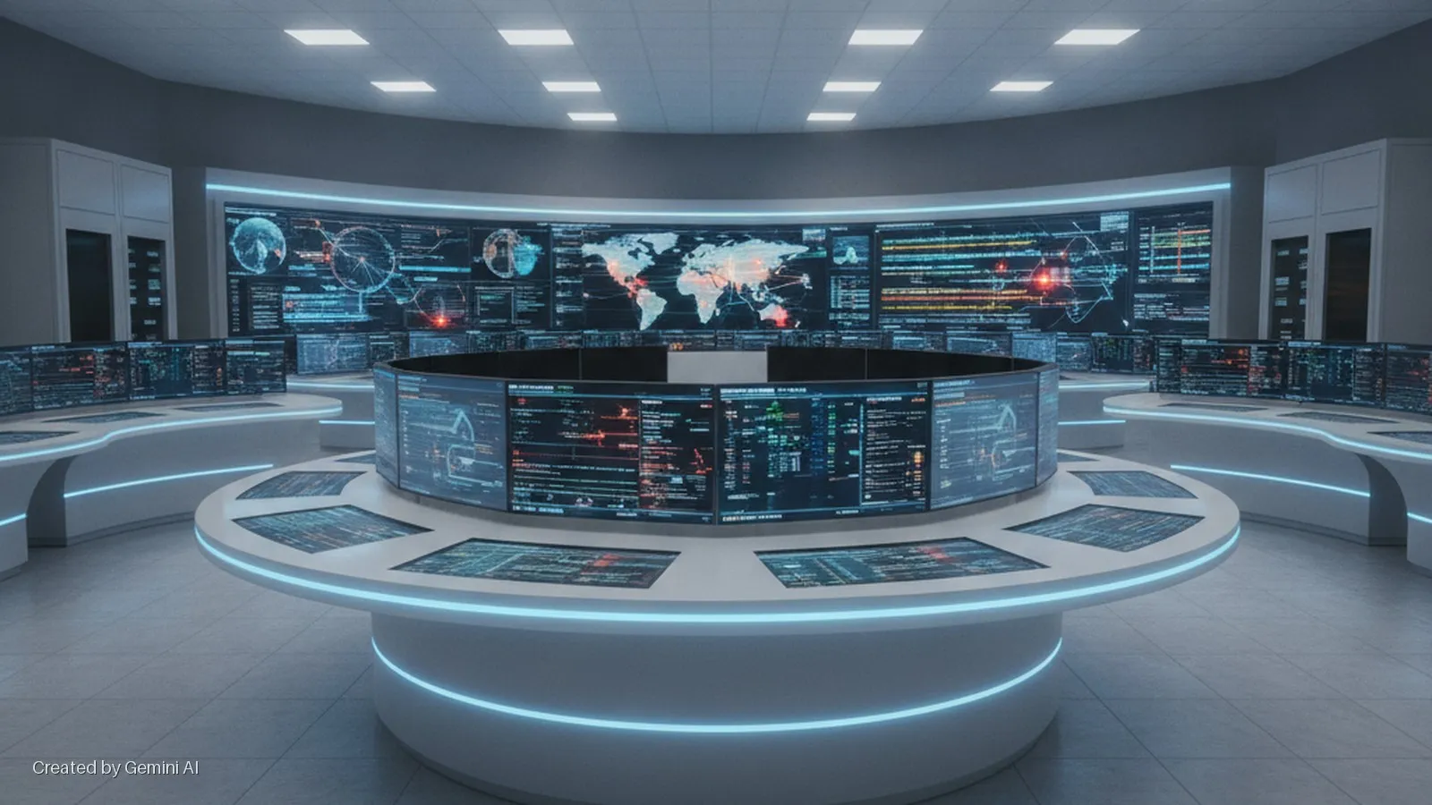 A brightly lit, modern control room features a large curved wall display showing a world map and data, surrounded by tiered curved control desks with embedded screens and blue glowing accent lights.
