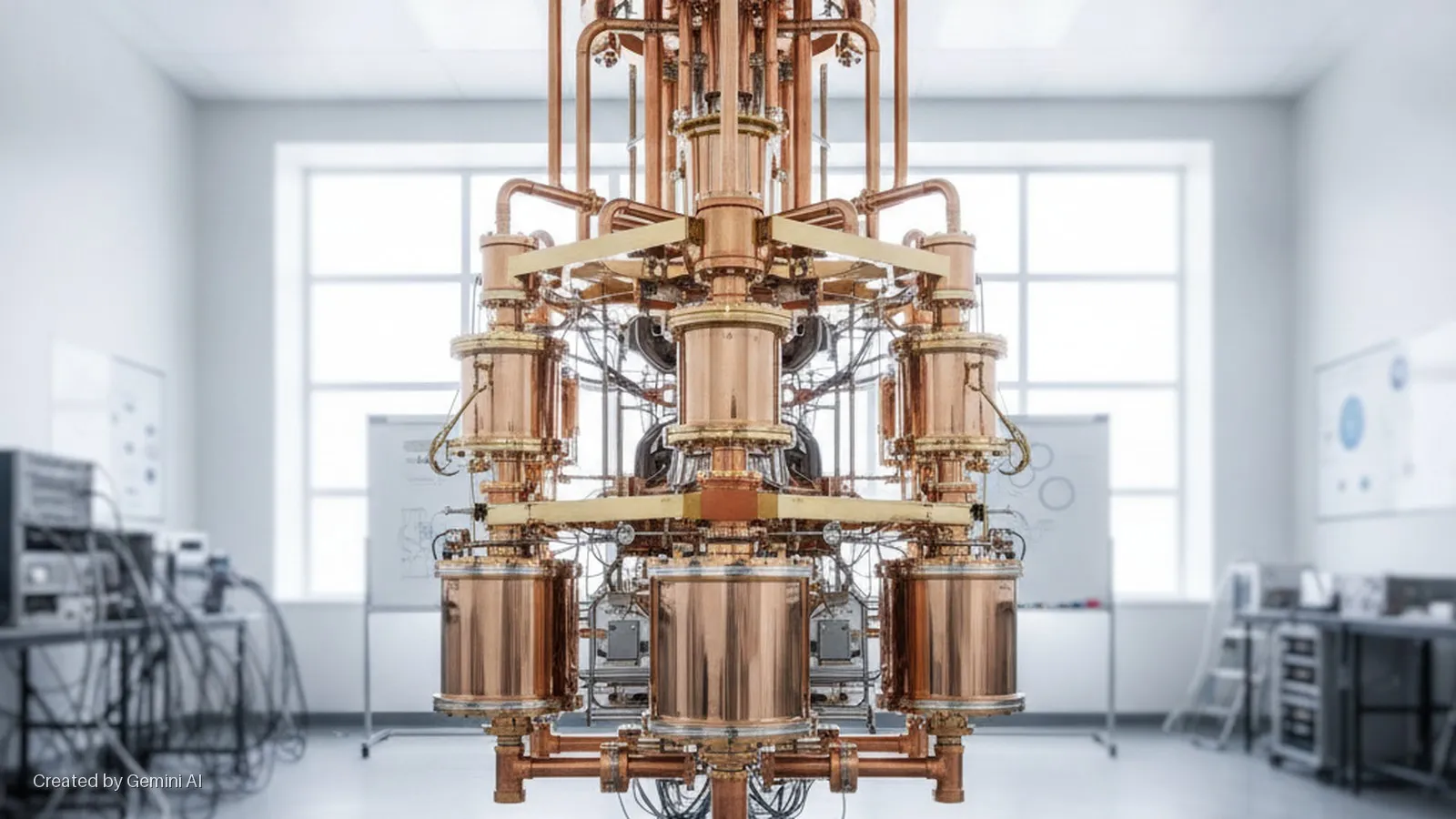 A large, intricate copper and brass dilution refrigerator stands centrally in a brightly lit laboratory, surrounded by whiteboards, various scientific instruments, and large windows.