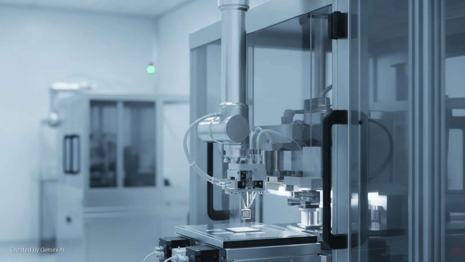 An automated precision machine with a robotic arm manipulates a small electronic component on a stage within a bright, cool-toned cleanroom environment.