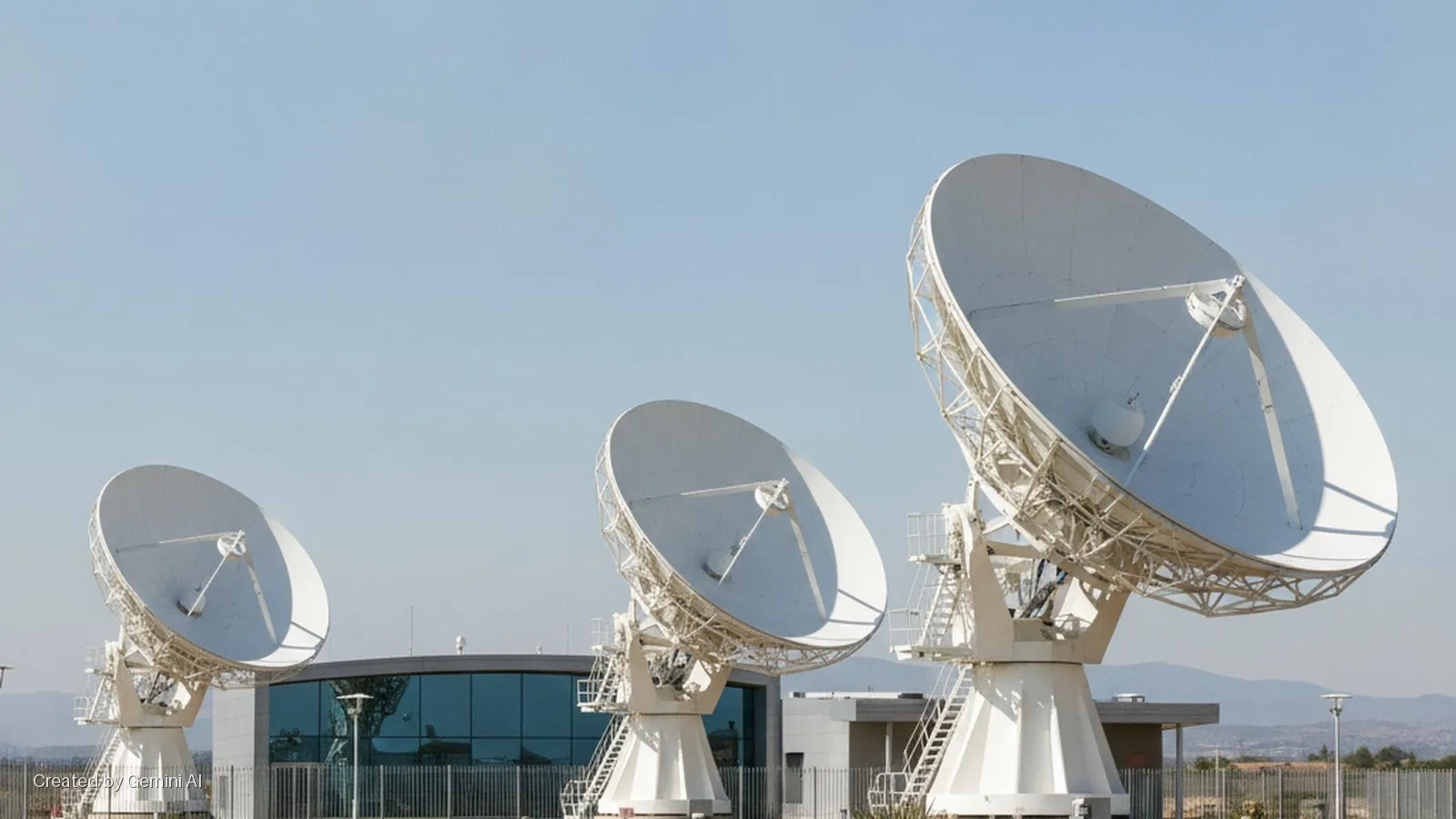 Three large white parabolic antennas stand at a modern ground station with a glass-fronted building and distant hills, under a bright, clear blue sky.