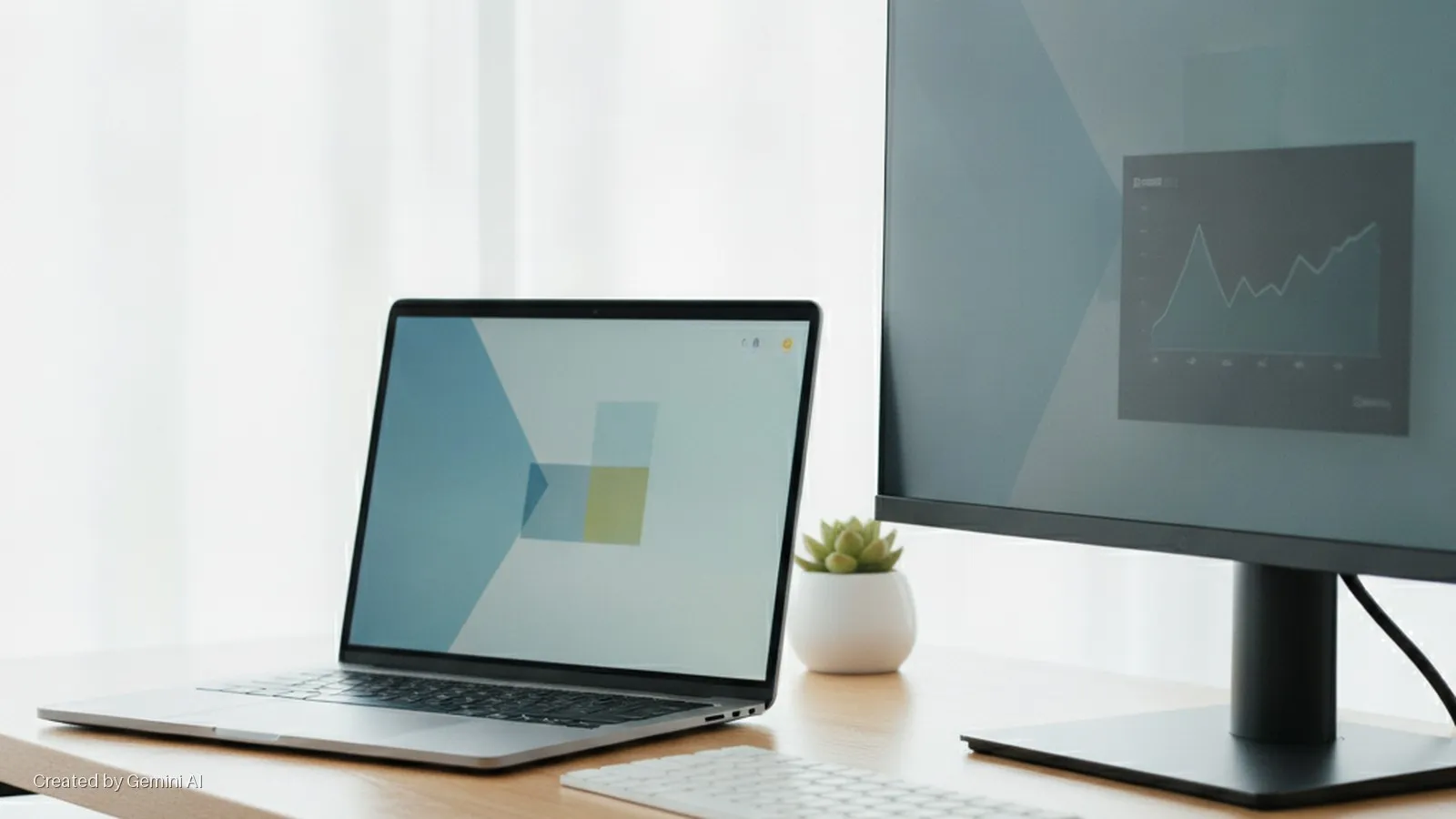 A silver laptop and a dark external monitor displaying graphs and abstract designs are set on a light wooden desk with a small succulent, bathed in bright natural light.
