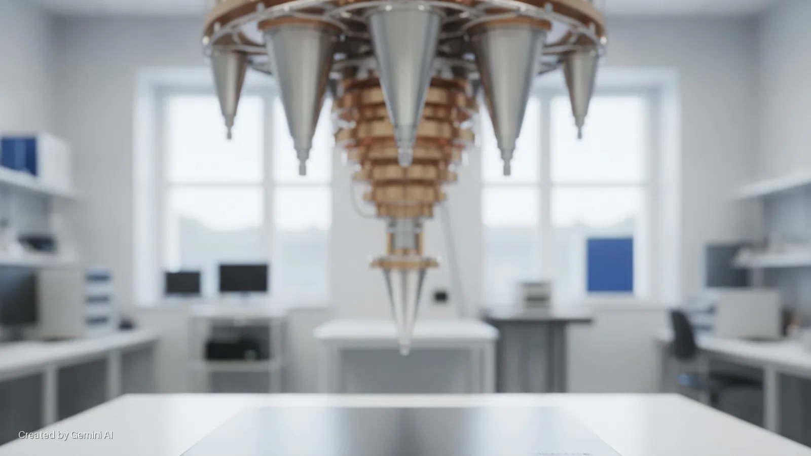 An intricate, multi-layered scientific apparatus with metallic silver conical elements and coppery-toned rings hangs suspended in a brightly lit modern laboratory featuring workstations and large windows.