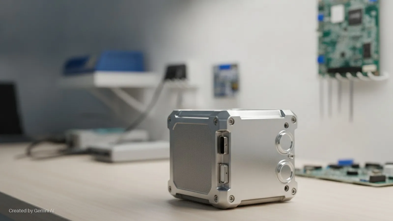 A rugged silver cube-shaped device with a mesh panel and two circular ports sits on a light wooden desk in a bright laboratory, with blurred electronic components and equipment in the background.