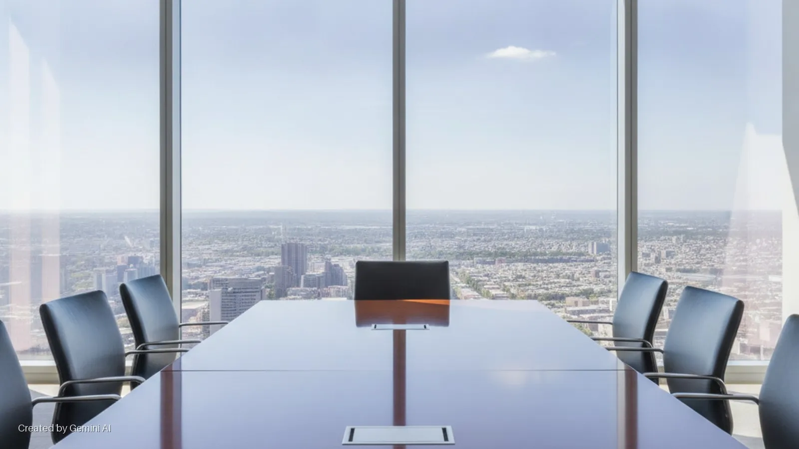 A bright, modern conference room features a long, polished table surrounded by black chairs, with large windows offering a vast sunny cityscape view.