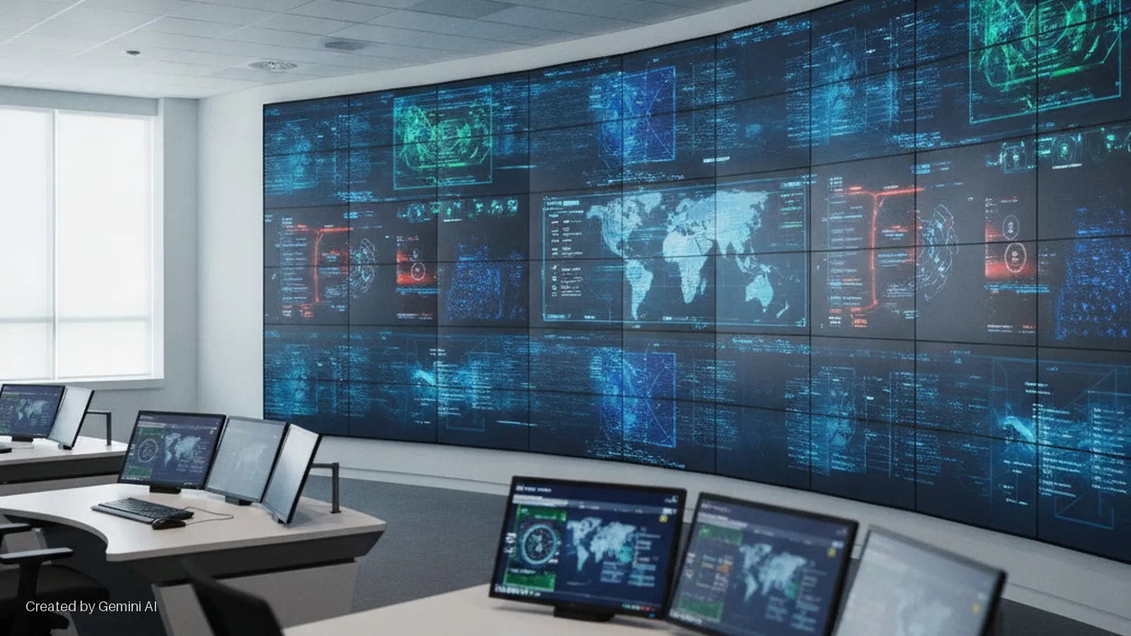 A brightly lit control room features a large curved video wall displaying various data, maps, and graphs, alongside multiple computer workstations with screens and keyboards, and windows with white blinds on the left.