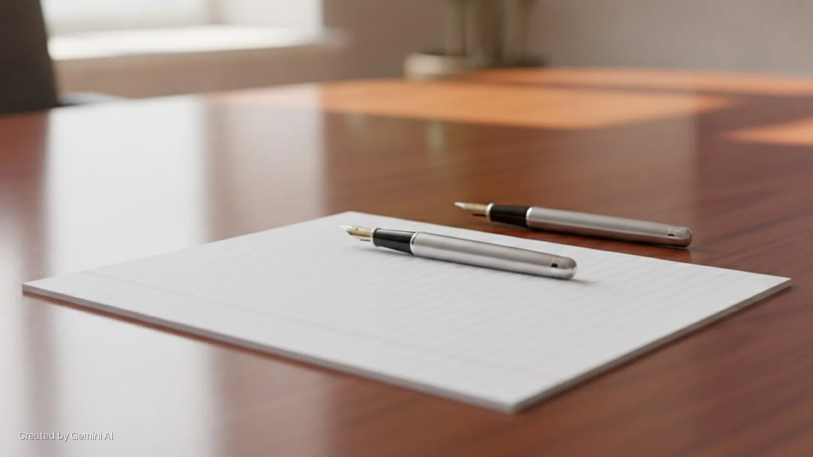 Two silver fountain pens rest on lined paper atop a glossy wooden table, with window light reflecting on its surface and a blurred office background.