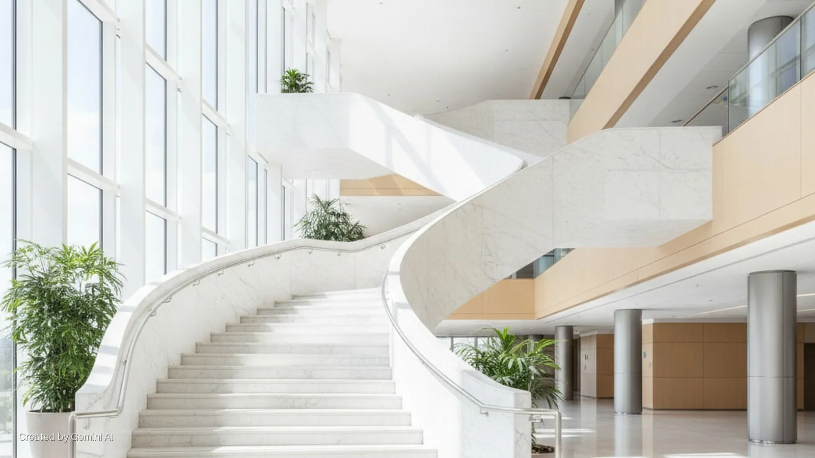 A brightly lit modern atrium features a grand white marble curving staircase with metal handrails, tall windows, potted green plants, light wood paneling, and grey support pillars.