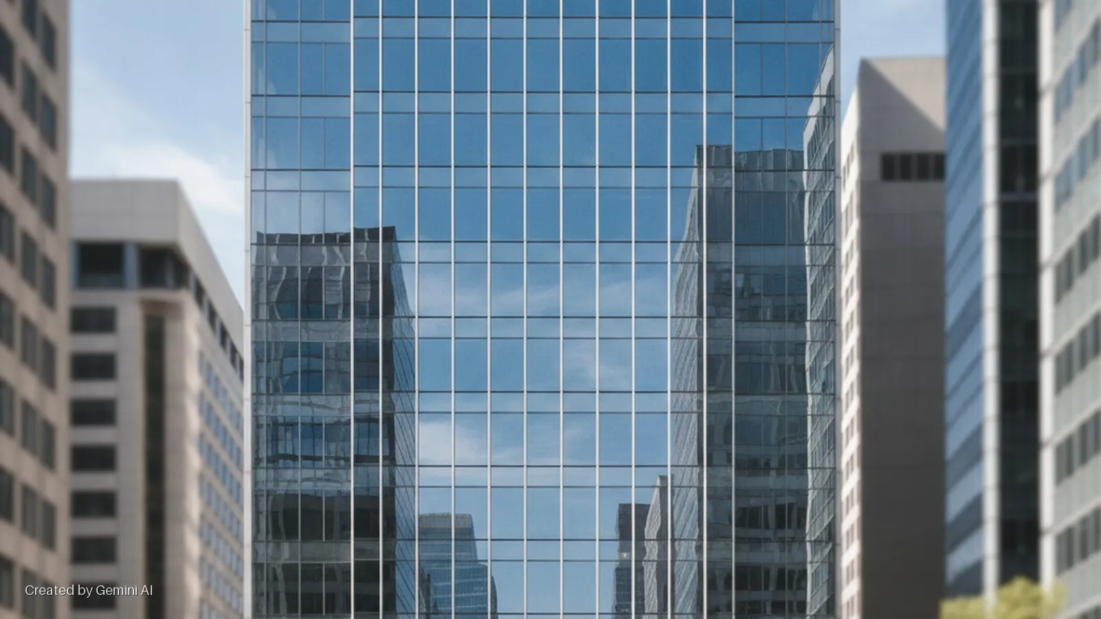 A modern glass skyscraper with a grid facade reflects surrounding buildings and a blue sky with clouds, framed by other blurred buildings in a bright urban setting.