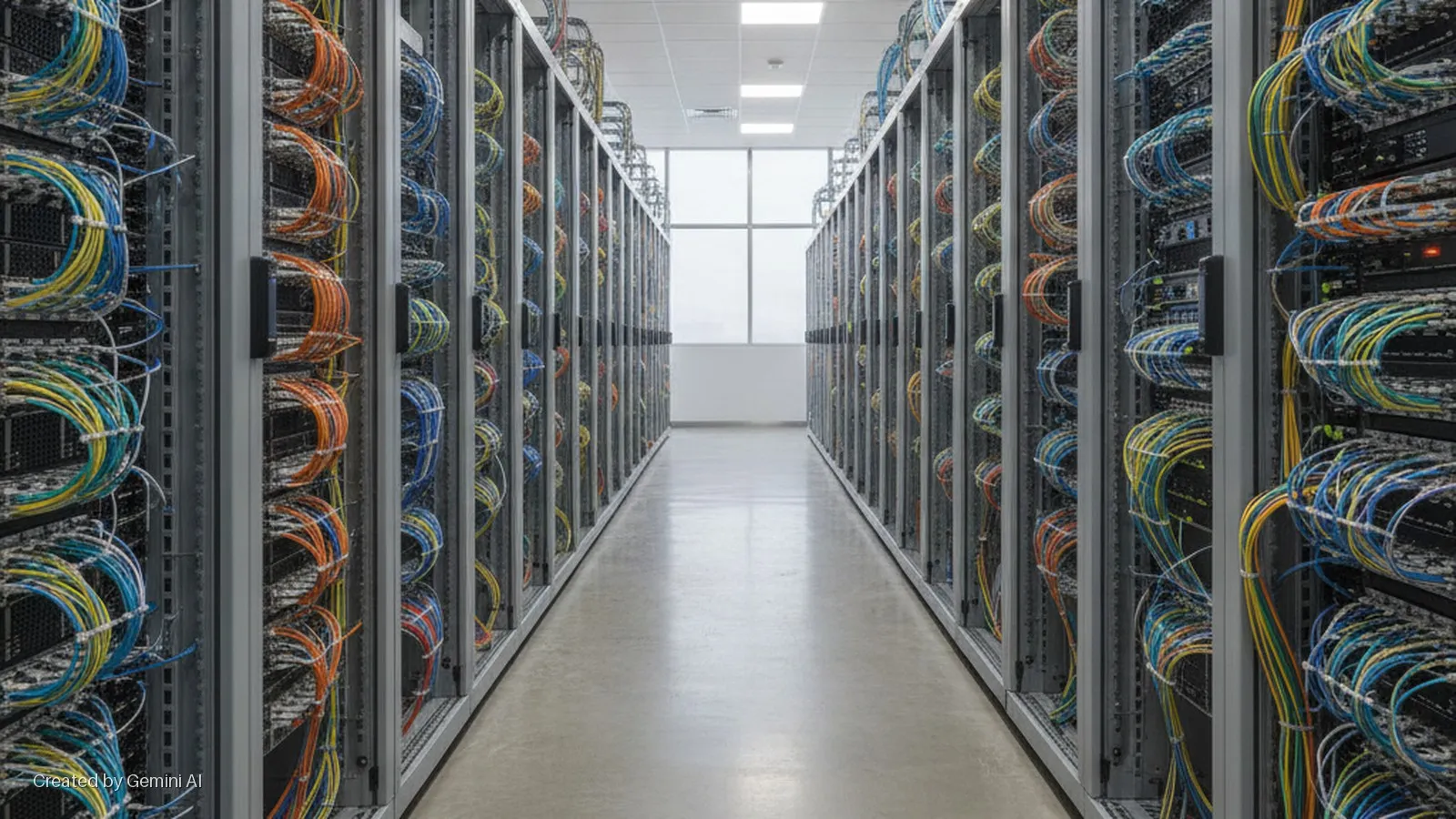 A long, brightly lit aisle in a data center is flanked by two rows of server racks filled with neatly bundled, multi-colored network cables, leading to a large window at the far end.