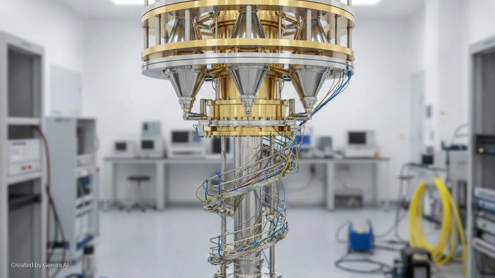 A complex, gold and silver-toned quantum computer cryostat featuring tiered conical structures and a spiral of cables, stands prominently in a brightly lit laboratory.