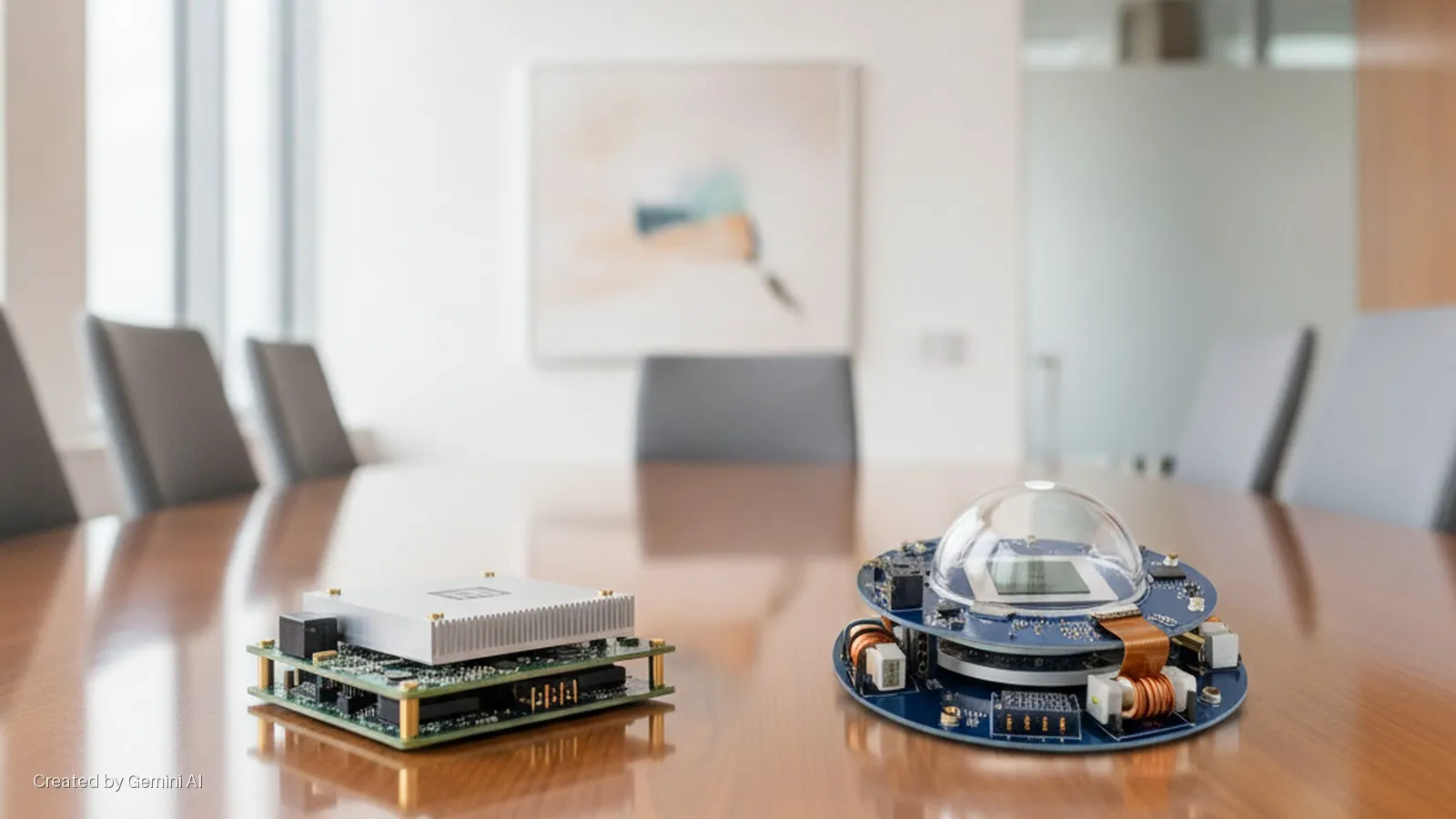Two electronic circuit board assemblies, one with a heatsink and one with a clear dome, are positioned on a reflective wooden conference table in a brightly lit office with chairs and a painting in the background.