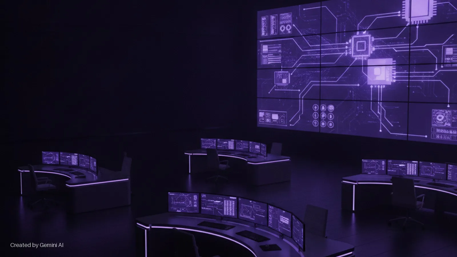 A dark control room features several multi-monitor workstations with purple glowing desks and a large wall-mounted display showing a purple circuit board schematic.