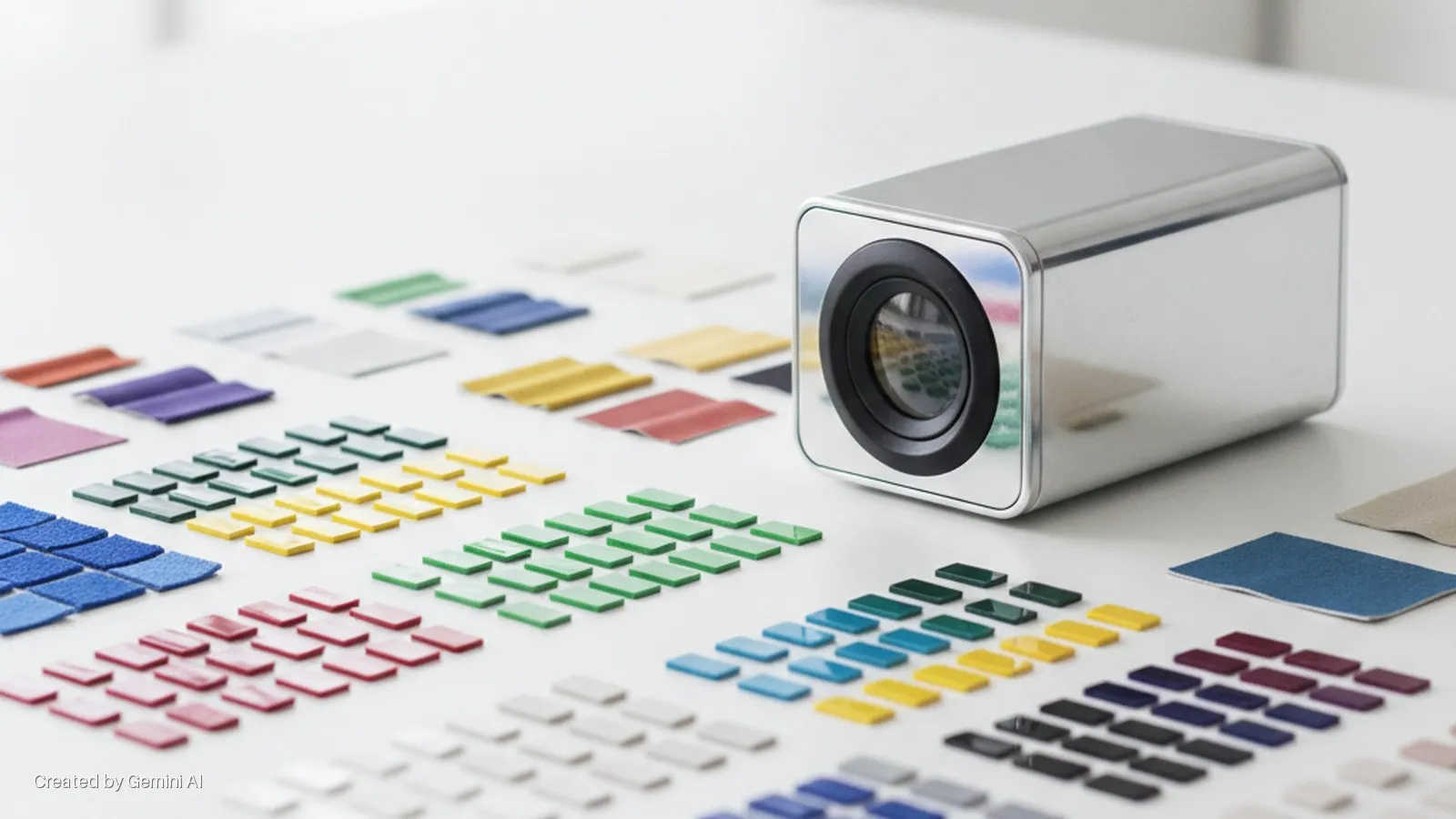 A silver rectangular device with a prominent black lens rests on a white surface, surrounded by neat rows of colorful fabric swatches and glossy rectangular color chips, all brightly illuminated.