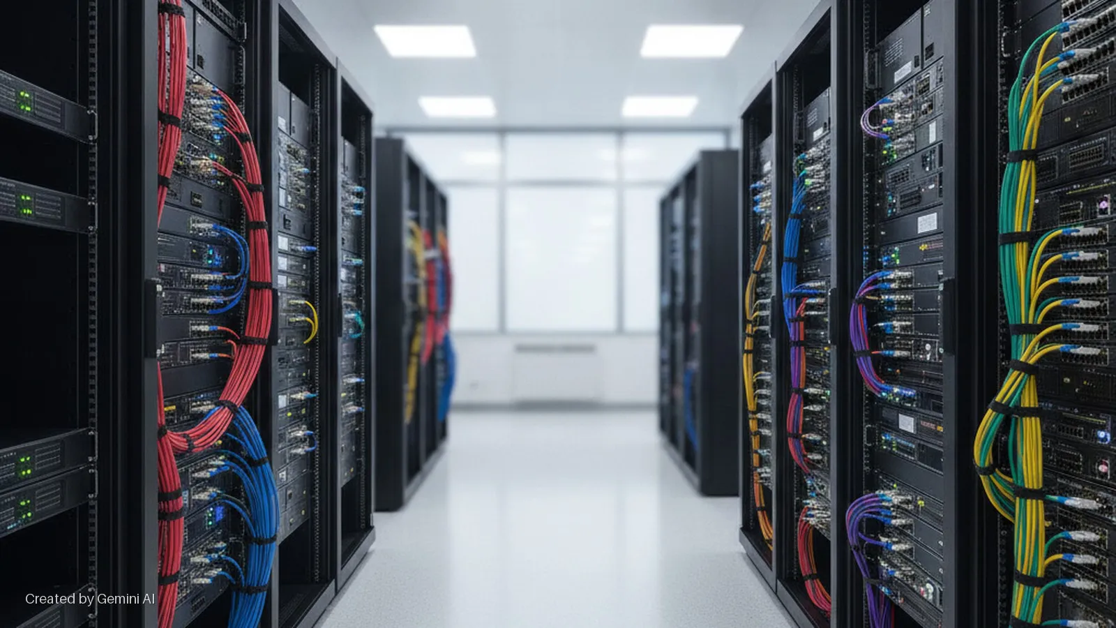 A brightly lit data center aisle features two rows of black server racks filled with network equipment connected by organized colorful cables, leading to blurred windows in the background.