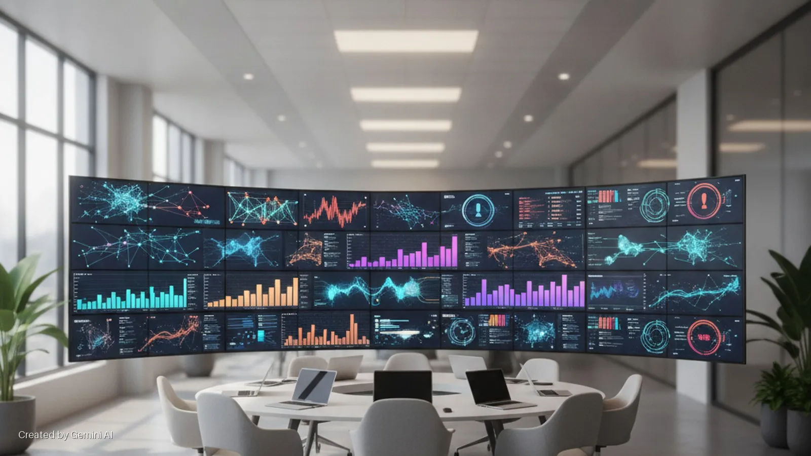 A modern conference room features a large curved multi-screen display showing diverse data visualizations above a round table with laptops and chairs, illuminated by bright natural window light and overhead fixtures.