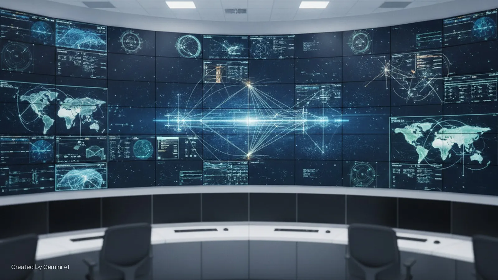 A dimly lit command center features a large, curved video wall displaying interconnected global network maps and various data visualizations, with a curved control desk and office chairs visible in the foreground.
