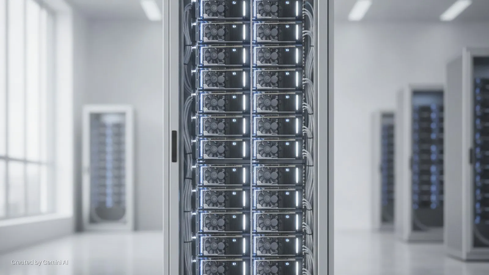 An open server rack displays multiple rows of compute units with visible cooling fans and bright indicator lights, organized with white cables, in a clean data center with additional racks and a window in the background.