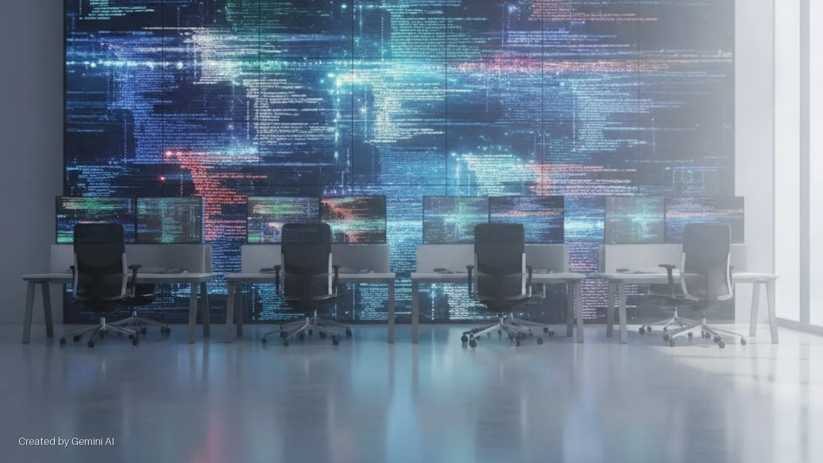 An empty modern control room features multiple desks with office chairs arranged in front of a large multi-screen display wall showing glowing blue and red code, illuminated by bright natural light from a window on the right.