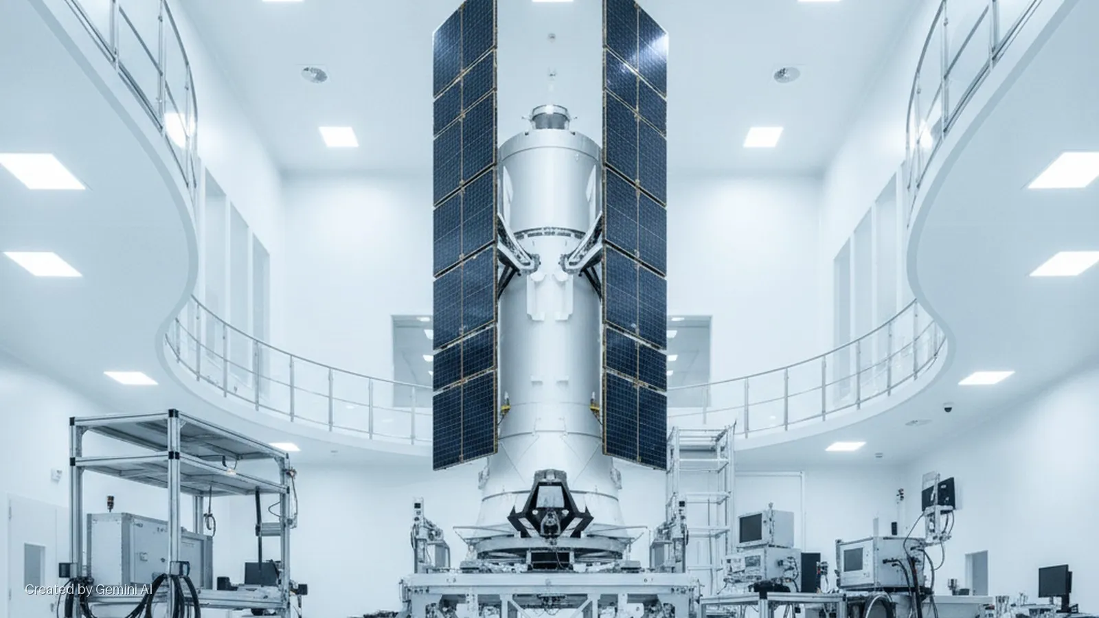 A white satellite with dark blue solar panels stands on a testbed in a brightly lit, sterile laboratory featuring a curved upper balcony and various technical equipment.